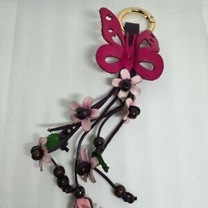 Pink leather  Butterfly Keychain with Floral Accents